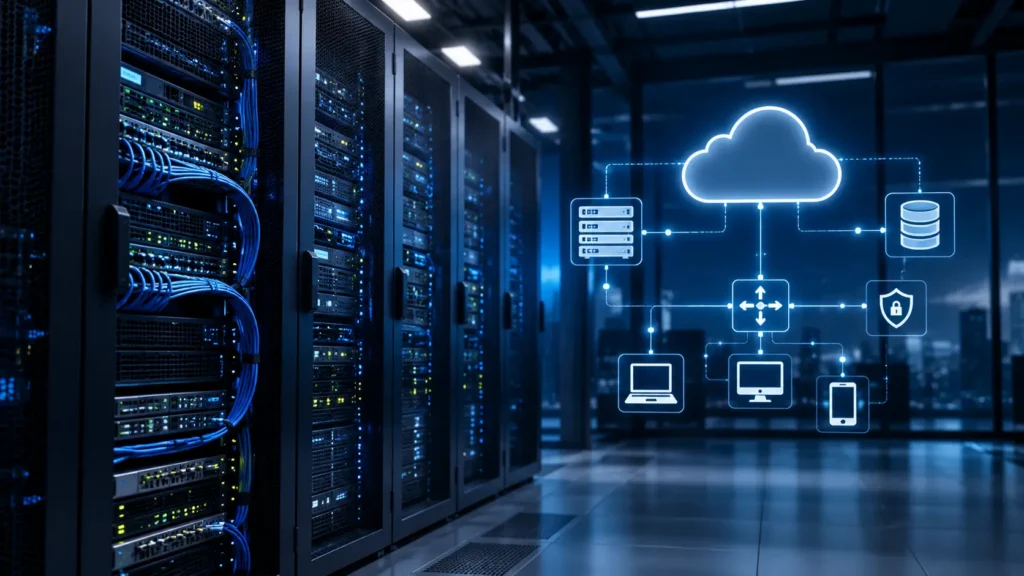Serverracks in een datacenter voor bedrijfsinfrastructuur