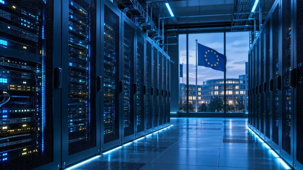 Europese digitale soevereiniteit, met datacenterinfrastructuur als symbool voor controle over gegevens en technologie.