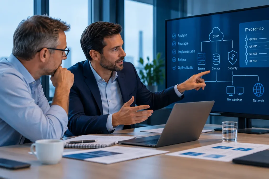 ICT-adviseur bespreekt een IT-roadmap met een bedrijfsleider.