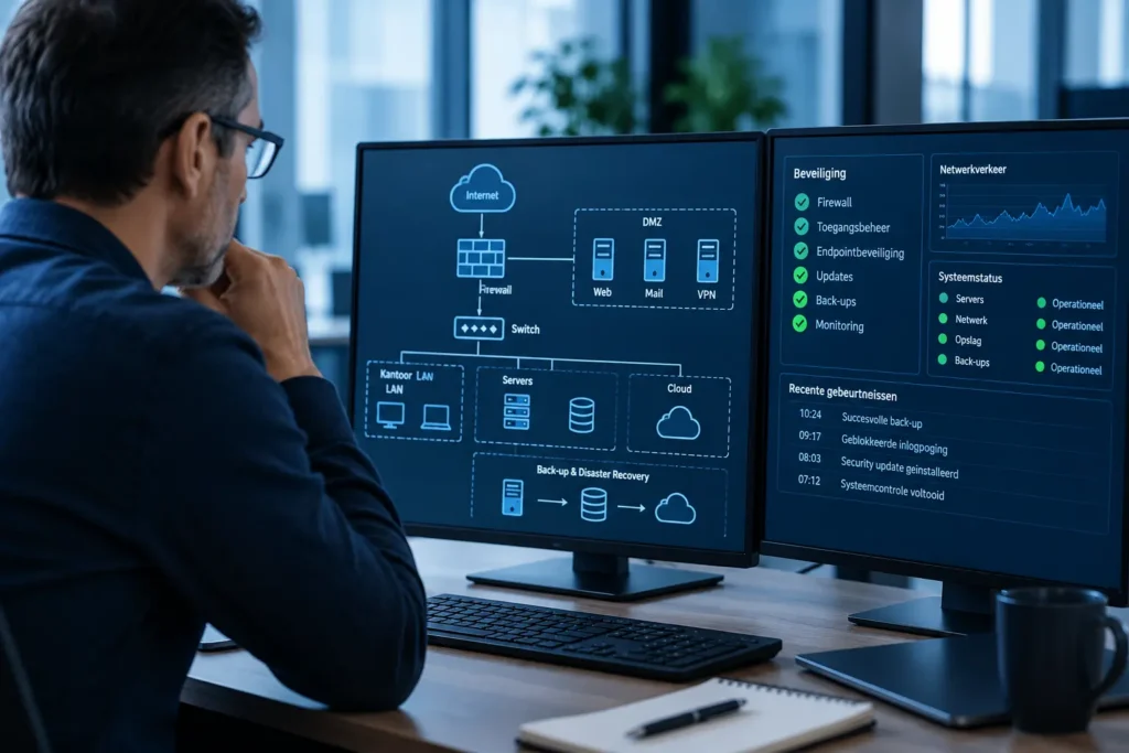 IT-architect beoordeelt de beveiliging en continuïteit van een bedrijfsnetwerk.