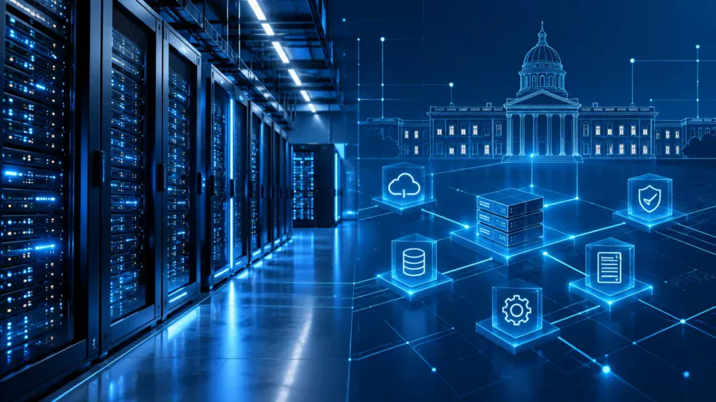 Digitale overheidsinfrastructuur met serverracks als symbool voor digitale soevereiniteit.